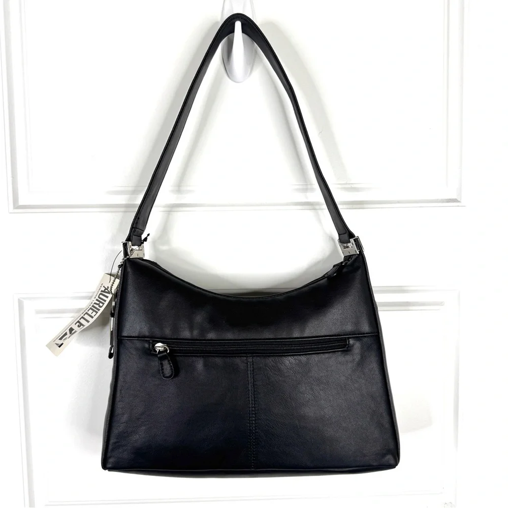 AURIELLE Leather Hobo Shoulder Bag Purse NEW Black With Coin Card Wallet - Picture 10 of 10